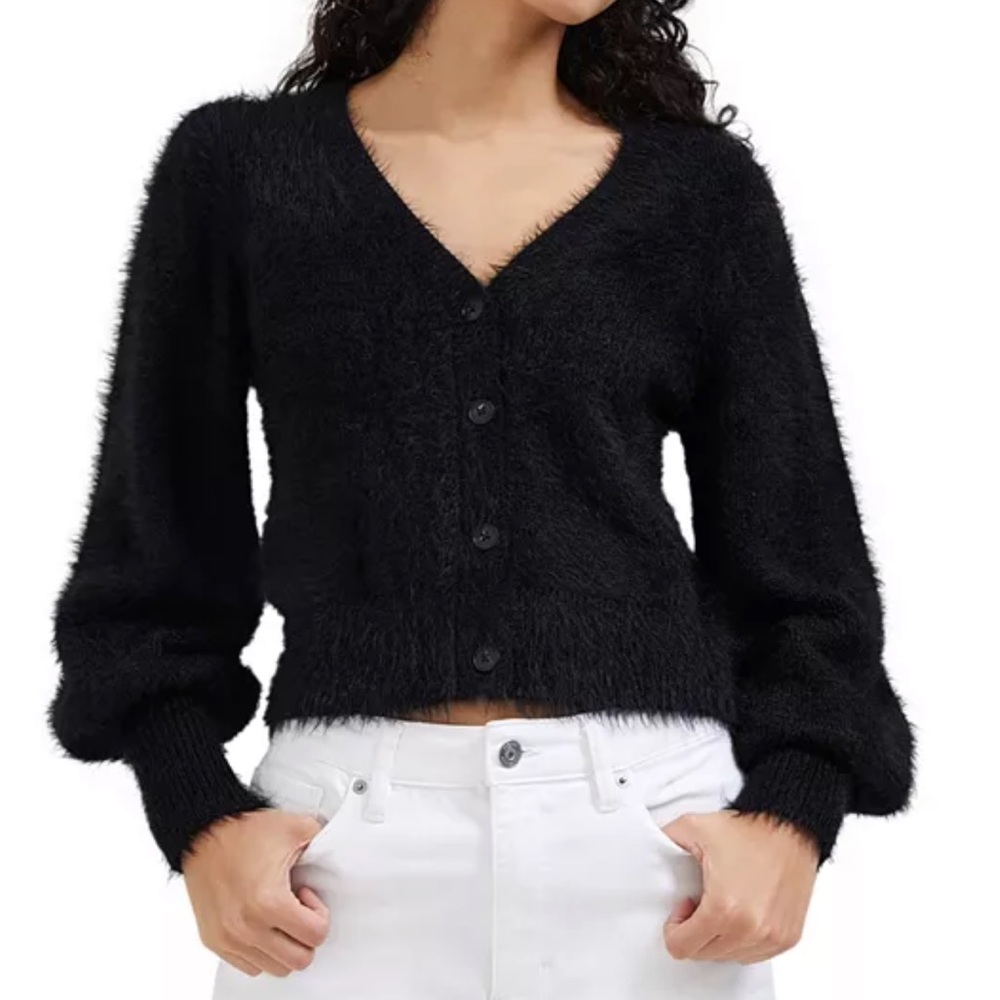 French Connection Meena Fluffy Eyelash V Neck Black Cardigan, Size Medium.